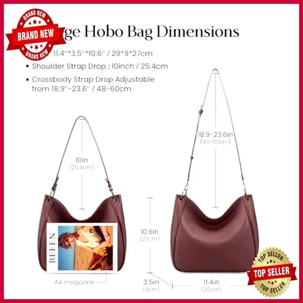 Genuine Leather Hobo Crossbody Bag with 2 Detachable Straps, 7L Capacity